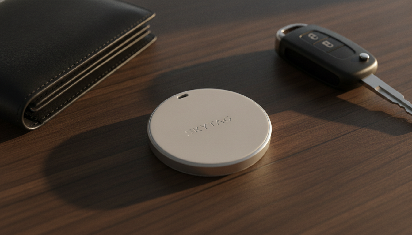 SKYTAG Coin ST2304 - round tracker on a wood table next to a wallet and keys
