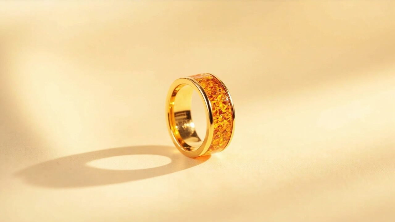 Smart Ring SR-2026 — gold-tone titanium smart ring with amber inlay, hero shot on cream linen