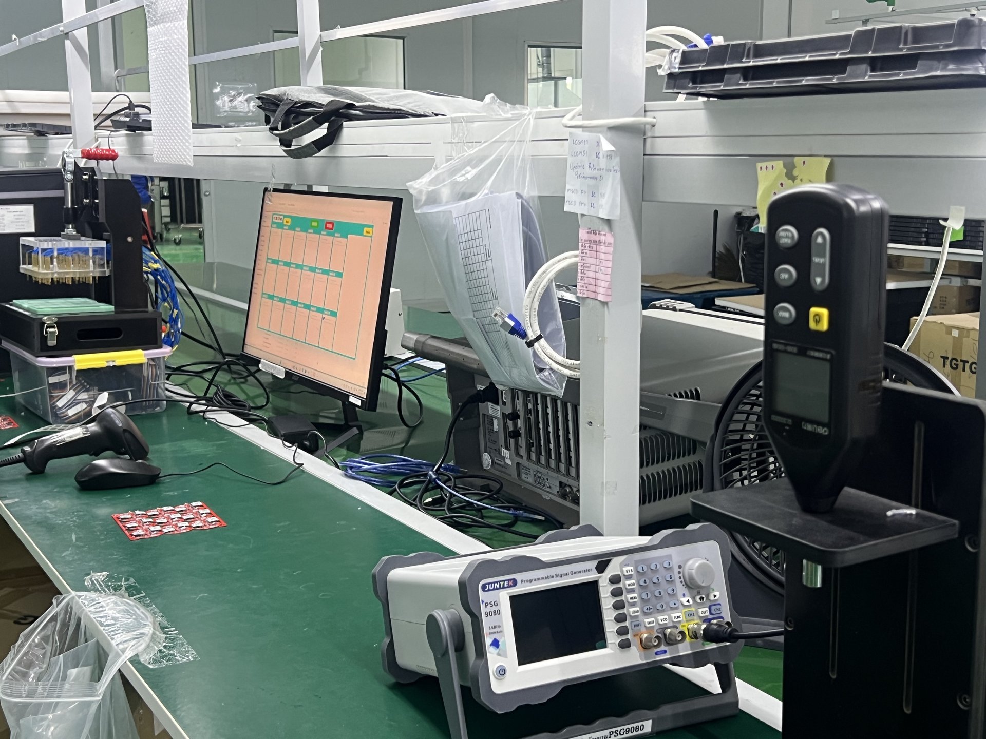 PCBA functional test station with DC power, signal generator, barcode scanner